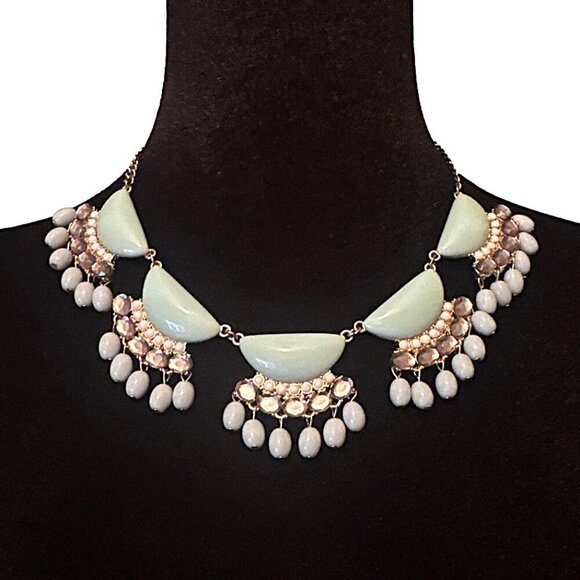 New York and Co Statement Necklace Gold Tone Blue Beaded Fringe - Picture 1 of 4